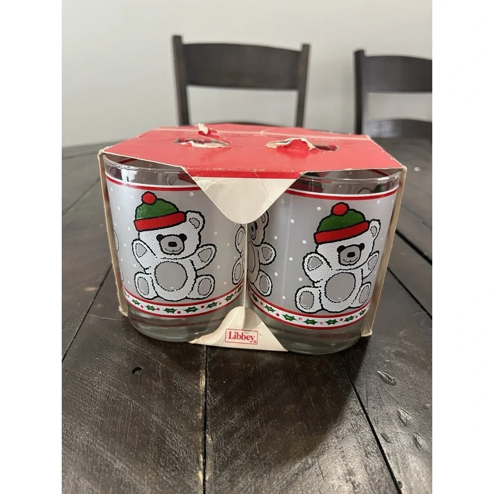 Vtg Libbey Holiday Lowball Tumbler Glasses Christmas Teddy Bear 4 NOS 14 Oz